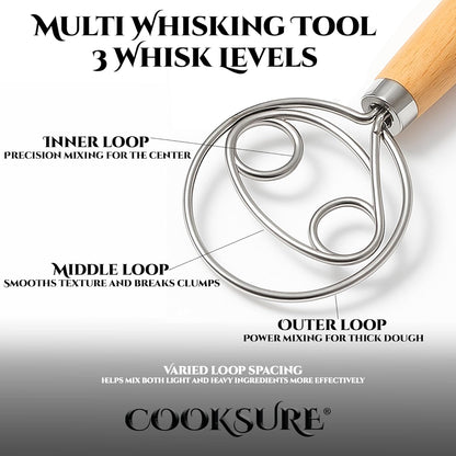 13 Inch 304 Danish Dough Whisk for Sourdough Bread Bread Whisk with Wooden Handle Stainless Steel Hook for Heavy Dough