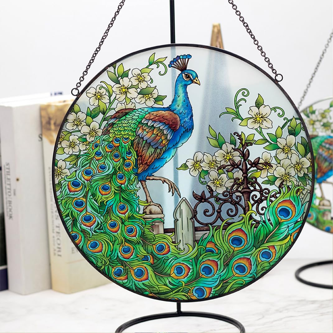 Peacock Stained Glass Suncatcher: Hand-Painted Window Wall Hanging Decor Ornament 6.5''*6.5'' for Home Garden Gift
