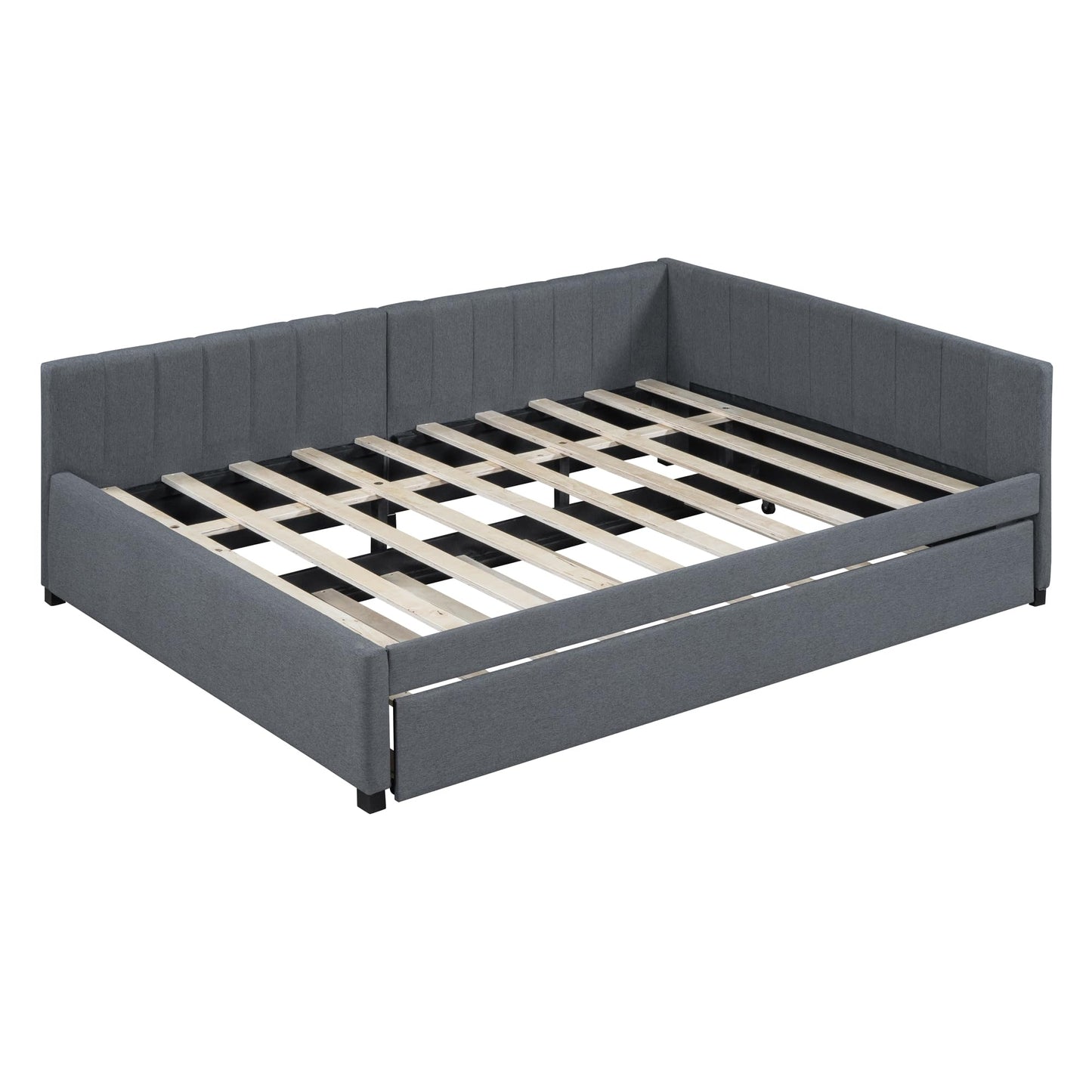 Merax Upholstered Daybed with Trundle, Gray Linen Full Size Sofa Bed Frame, No Box Spring Needed
