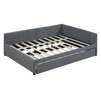 Merax Upholstered Daybed with Trundle, Gray Linen Full Size Sofa Bed Frame, No Box Spring Needed