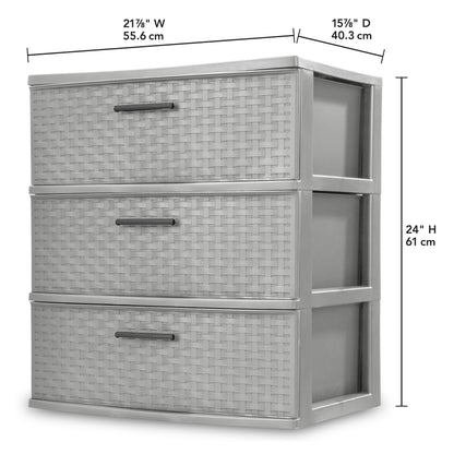 Sterilite 2-Pack 3-Drawer Wide Weave Tower, Storage Closet Organizer, Cement - Plastic Drawers and Containers for Bedroom, Cabinet, Clothes, Dresser, and Kitchen Pantry Organization