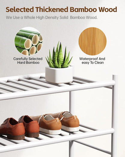 woxlemen Closet 26 inch 4-Tier) Bamboo Shoe Rack for Small Wooden Shoe Organizer with Pouch, Sturdy Wood Shoe Shelf