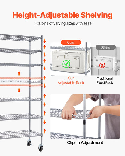 VEVOR 7-Tier Rolling Bin Storage Rack, 26 Organizer Bins, Bin Rack Storage Steel Wire Shelving System with Wheels, Mobile Tool Organizer for Garage, Warehouse, Office, Restaurant, Kitchen, Classroom