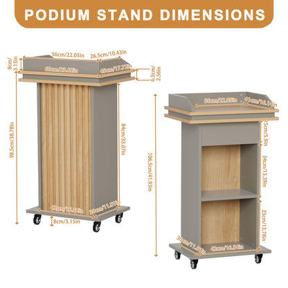 HPLWYM Podium Stand with Wheels, Wood Lectern Stand with Drawer and Double-Layer Storage Space, Mobile Pulpits for Churches, Portable Podium for Speech, Church, Office, Classroom, Conference