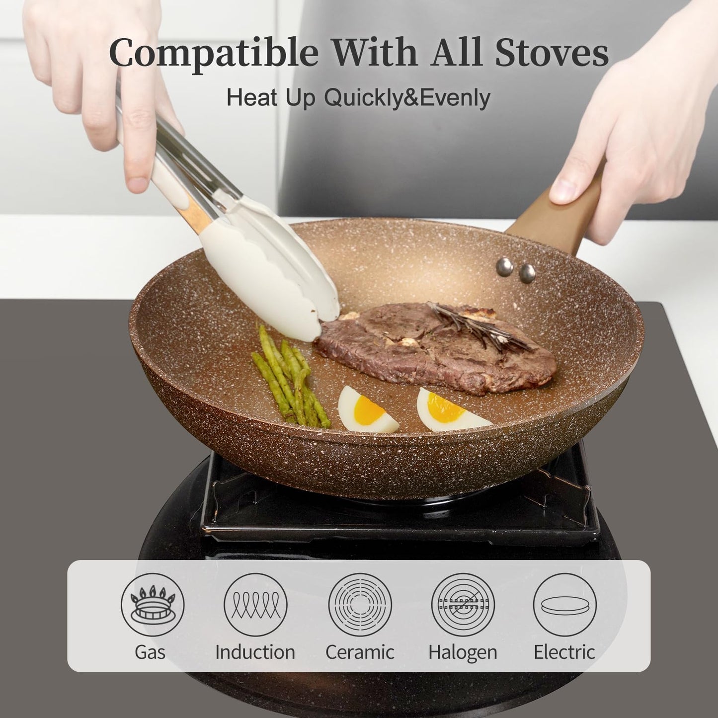 Healthy Nonstick Granite Cookware Set - 3 Pcs, Induction Skillets With Lids, PFOA Free, No Toxic Egg Omelette Frying Pan