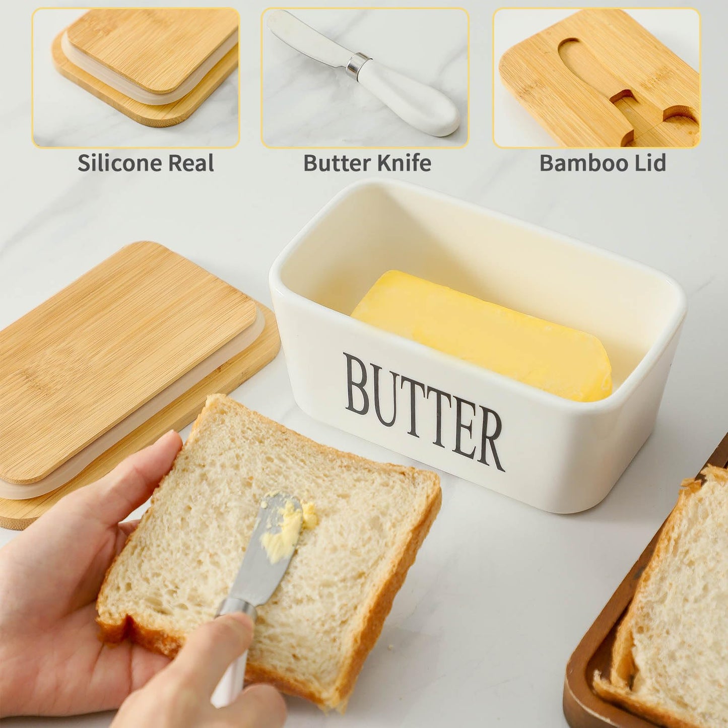 Butter Dish with Lid - Hasense White Ceramic Butter Dish with Airtight Cover and Knife for Countertop, Large Butter Holder Keeper Container with Silicone Sealing Ring for West East Coast