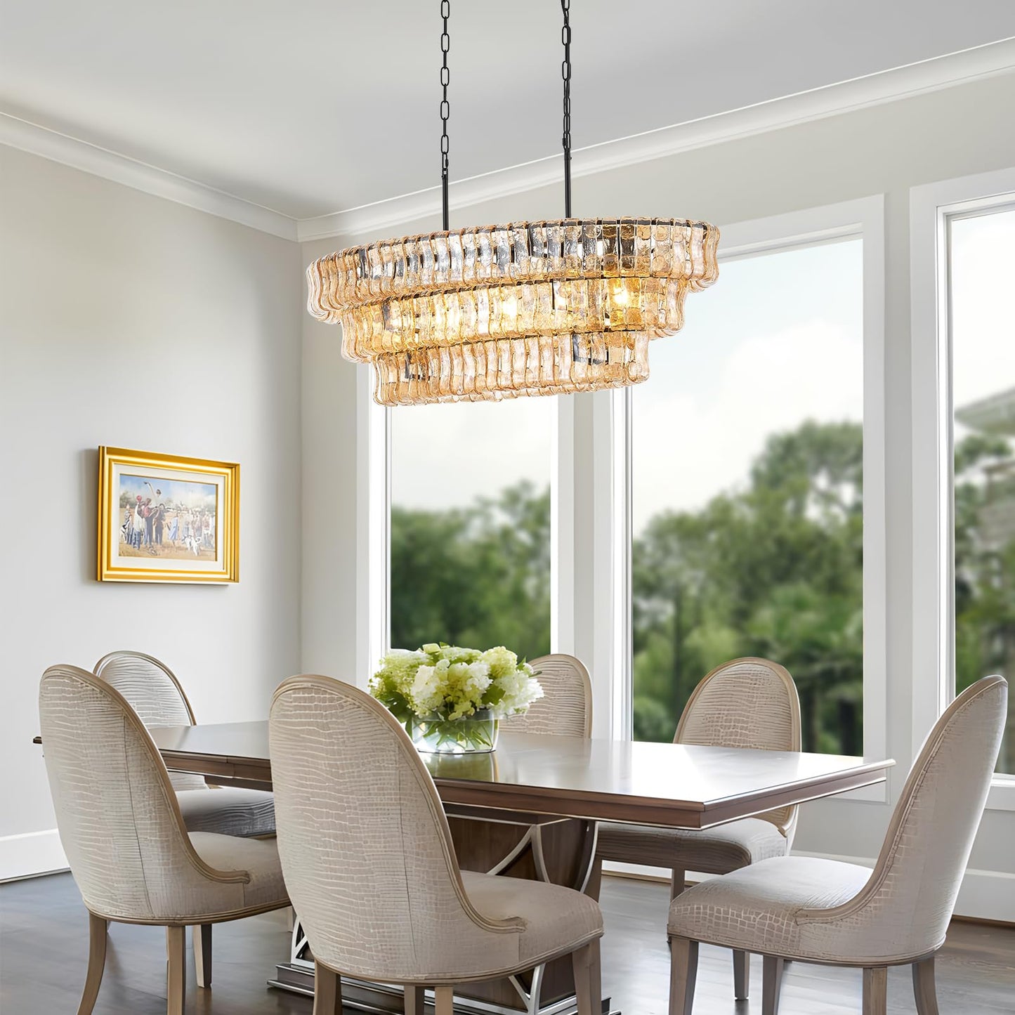 VANZARLA Large Modern Chandelier with Unique Amber Glass Shade, 3-Tier Dining Room Light Fixture, Farmhouse Chandelier for Kitchen Island Living Room Foyer