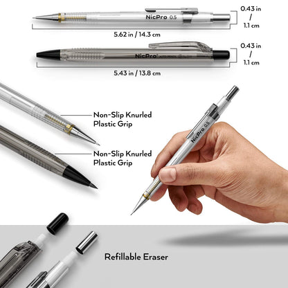 Nicpro 6PCS Art Mechanical Pencil Set, 4PCS Drafting Pencils 0.3 & 0.5 & 0.7 & 0.9 mm & 2PCS 2mm Lead Holder (4B 2B HB 2H) For Writing, Sketching Drawing With 12 Tube Lead Refills Erasers Case