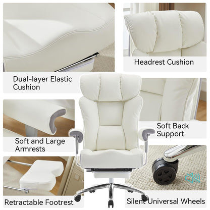 Efomao Big and Tall Office Chair with Footrest, 450lbs High Back Executive Chair with Spring Cushion, PU Leather Upholstery, Padded Armrests, Swivel Base, and Rolling Wheels – White Computer Chair