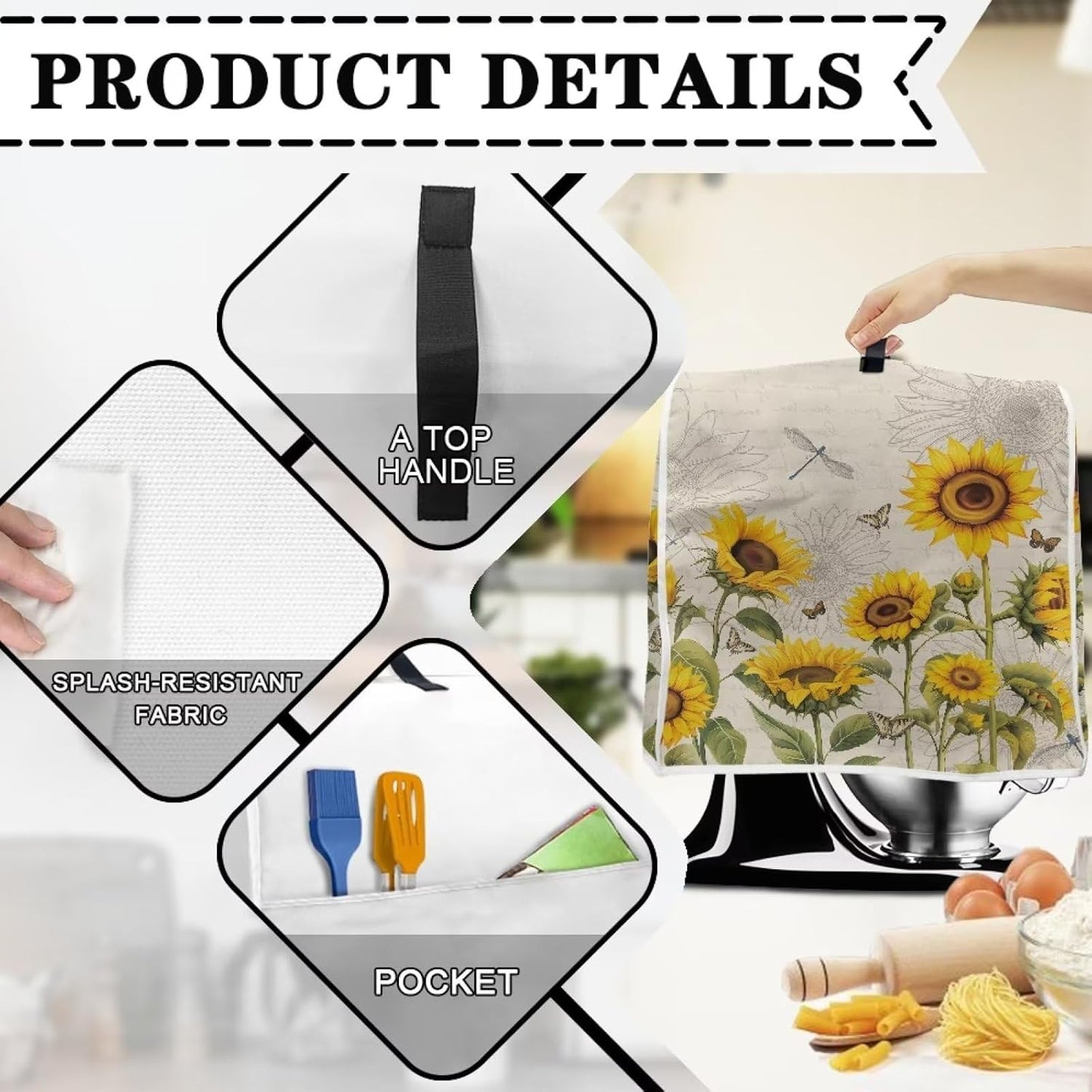 Sunflower Dragonfly Dust-proof Cover for Kitchen Aid Mixer, Water-resistant with 2 Pockets for Accessories, Easy
