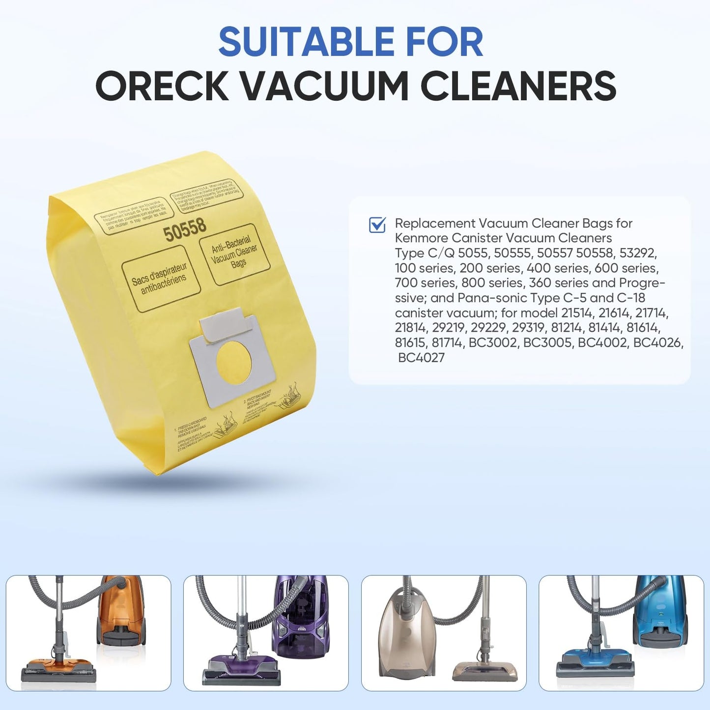 BIHARNT 20 Pack vacuum bags Compatible with Kenmore Canister 5055, 50557,50558 and Type C,C-18, 53292, 200 Series, 400 Series, 600 Series, 700 Series, 800 Series Vacuum