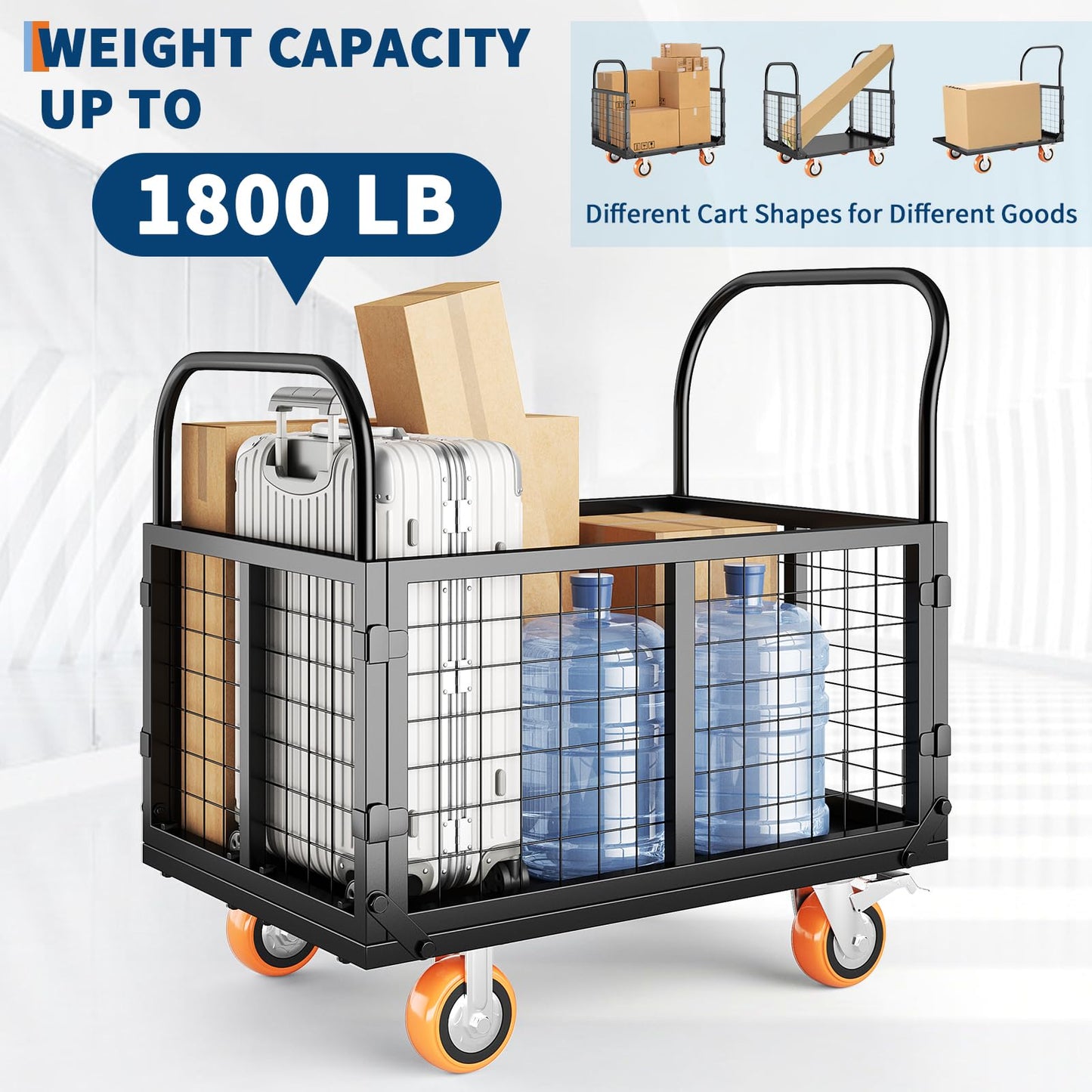 Platform Truck Cart with Cage, Multipurpose 6 in1 Foldable Flatbed Cart Heavy Duty Push Cart Dolly w/Swivel Wheels 1800Lbs Capacity Utility Hand Cart for Grocery, Laundry, Garage, Warehouse