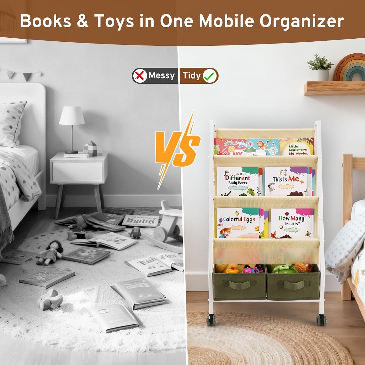 EARLY MINDS 3-Tier Kids Bookshelf with Storage, Wheels & Handle, Montessori Sling Book Organizer for Toddlers