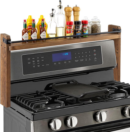 33 Inch MyGift Stove Top Spice Rack - Deluxe Rustic Burnt Solid Wood and Industrial Black Metal Space Saving Over The