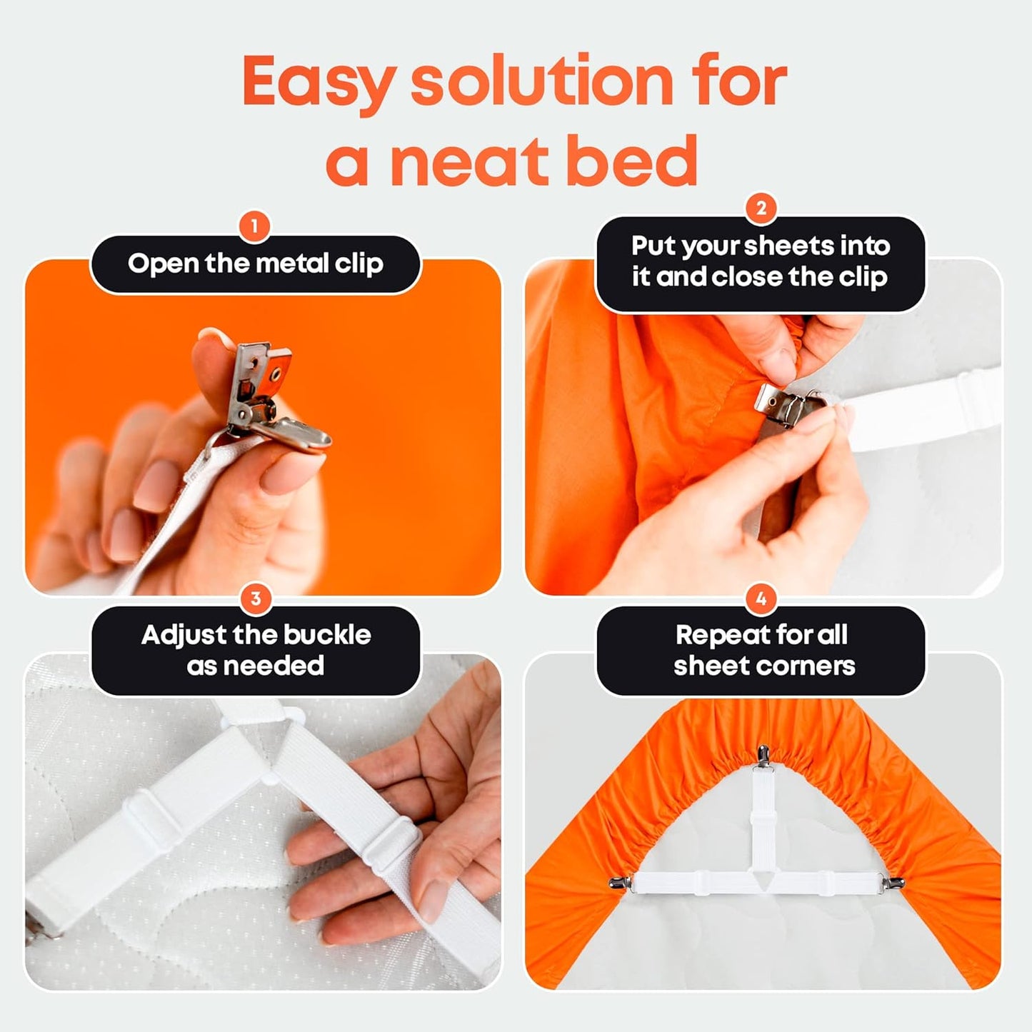 5 STARS UNITED Bed Sheet Straps Set | Adjustable Elastic Fasteners with Metal Clips | Sheet Holders for Corners |