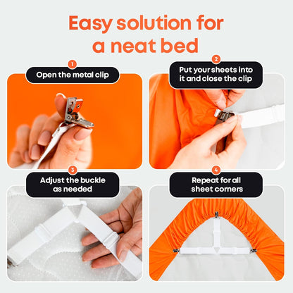 5 STARS UNITED Bed Sheet Straps Set | Adjustable Elastic Fasteners with Metal Clips | Sheet Holders for Corners |
