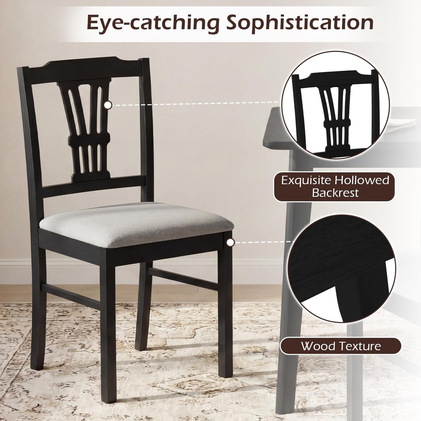 Giantex Wooden Dining Chairs Set of 4, Upholstered Kitchen Chairs with Solid Rubber Wood Frame, Hollowed Backrest & Soft Padded Seat, Armless Dining Chairs for Kitchen, Dining Room, Black & Gray