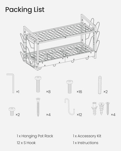 CHOEZON Hanging Pot Rack, Pot Rack Wall Mounted, 2-Tier Kitchen Pot and Lid Organizer, Wall-Mounted Pot Rack with 12 Hooks, for Kitchen Storage of Pots, Pans, Utensils, Rustic Brown TPR02BF