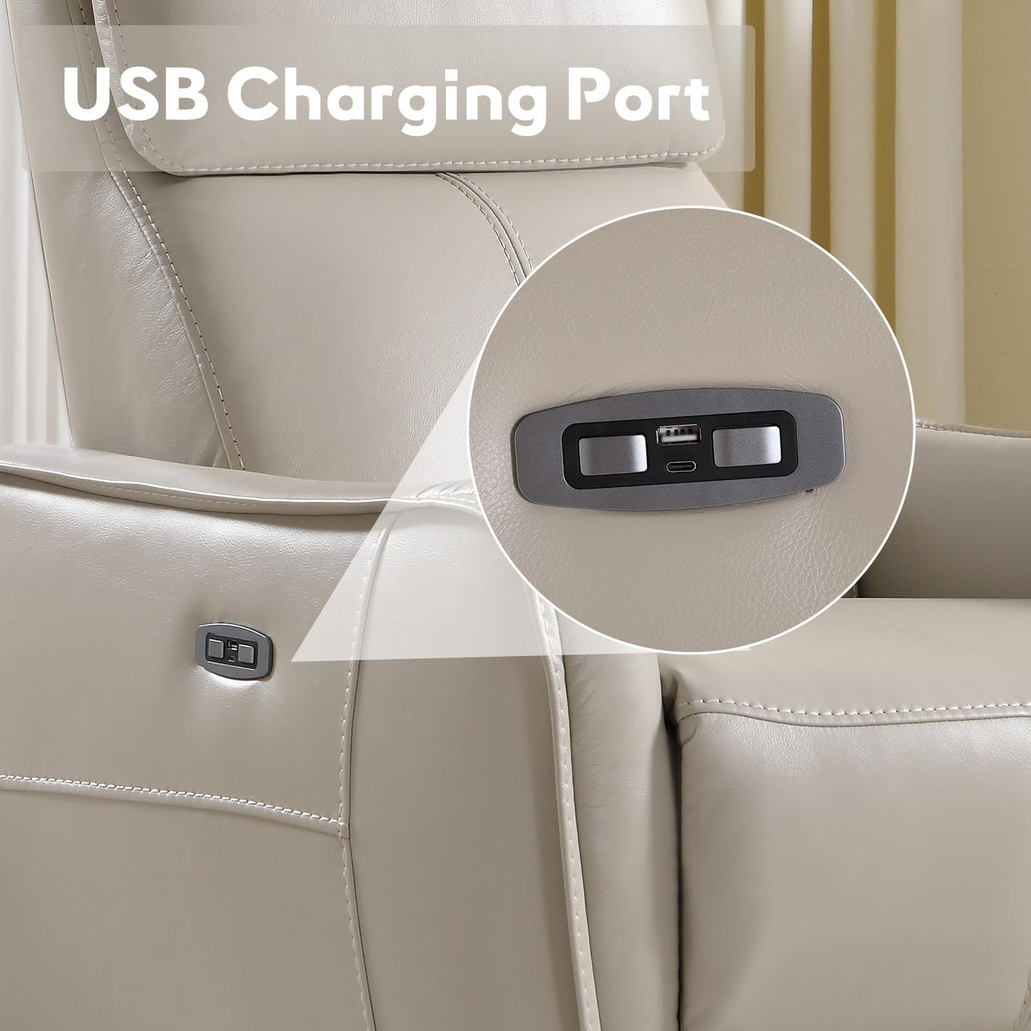 Bonzy Home Power Swivel Rocker Recliner Chair with USB Port, Wide Seat, Head & Lumbar Support, Upholstered Glider Chair for Living Room, Nursery, Silver