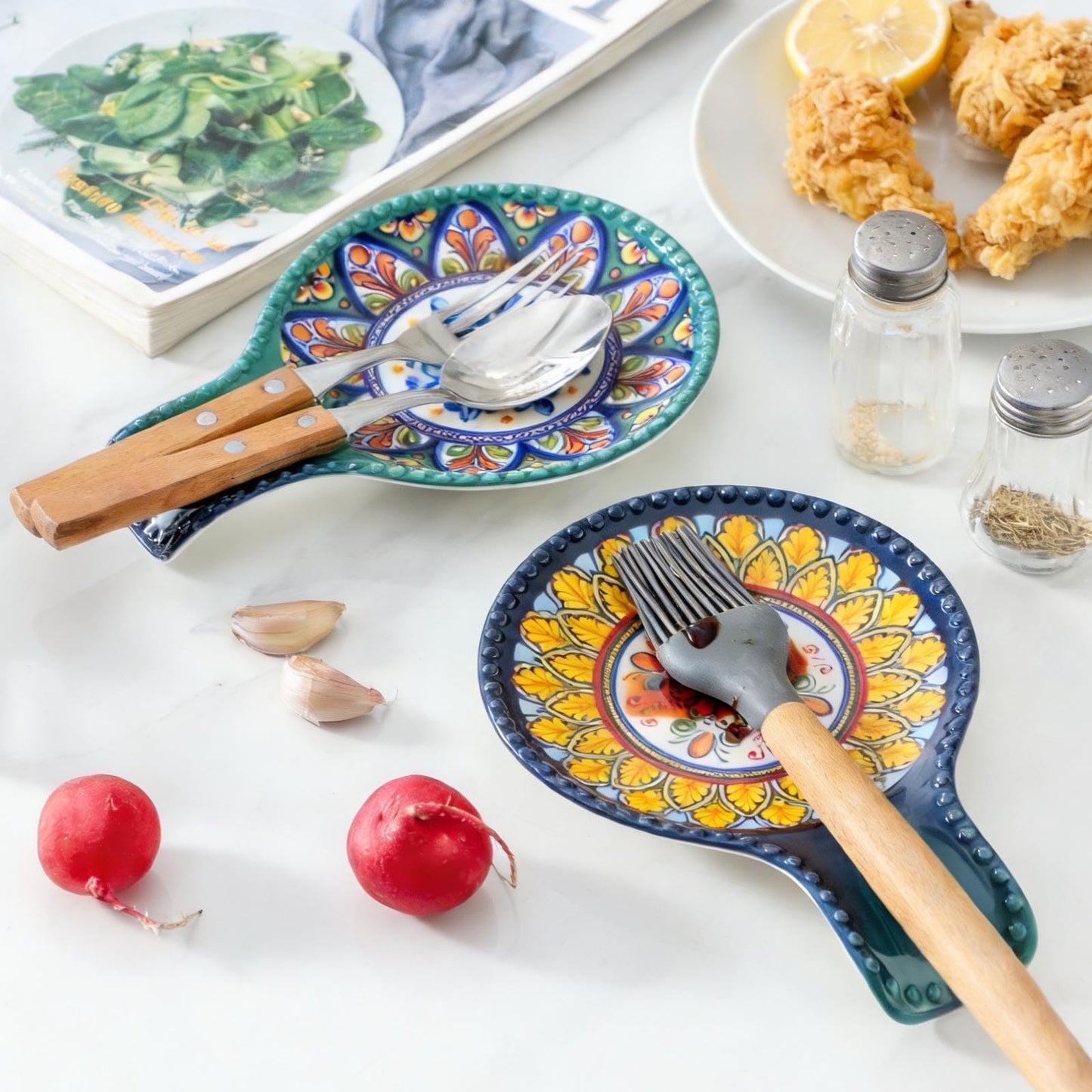 JINGUS Spoon Rest for Stove Top, Large Ceramic Spoon Holder for Stove and Kitchen Counter, Heat-Resistant Cooking Utensil Rest for Tongs and Ladles, Blue Bohemian Spatula Holder Dishwasher Safe