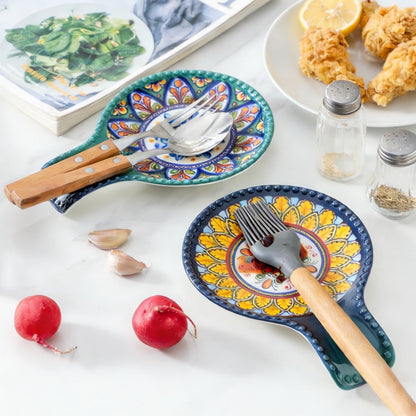 JINGUS Spoon Rest for Stove Top, Large Ceramic Spoon Holder for Stove and Kitchen Counter, Heat-Resistant Cooking Utensil Rest for Tongs and Ladles, Blue Bohemian Spatula Holder Dishwasher Safe