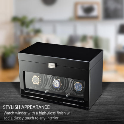Watch Winder and Storage Box for Winding 3 Automatic Watches and 12 Watch Storage Space (Black+ Black)