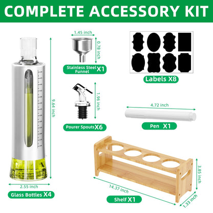 SINYWAY Oil Dispenser Bottle, 4 Pack Glass Olive Oil Dispenser Bottle with Shelf, 17oz/500 ml Oil and Vinegar Dispenser Set Wrapped in Stainless Steel Shell with Pourers, Funnel & Pen and Tags
