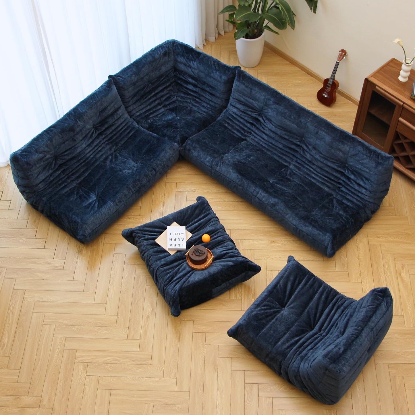 N&V Soft Premium Chenille Floor Lounge Chair, Mid Century Armless Floor Sofa, Foam Sofa Accent Chair for Living Room Bedroom and Office (Blue, Corner Chair)
