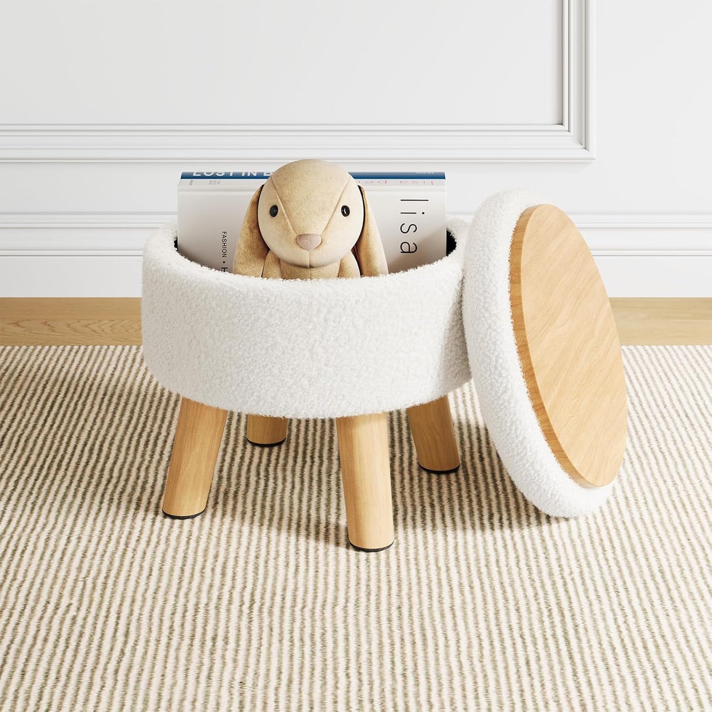 WBKATN Small Ottoman Footrest, White Boucle Foot Stool, Round Pouf Ottoman with Storage, Teddy Velvet Foot Rest