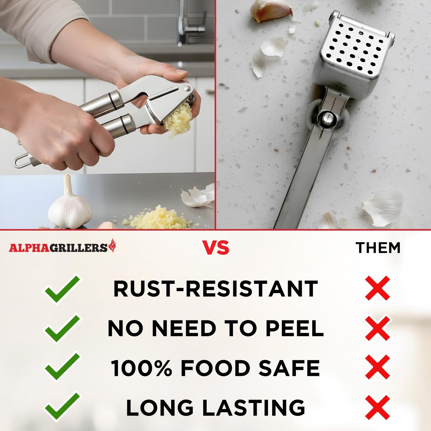 Alpha Grillers Garlic Press Stainless Steel - Easy to Clean, Rust-Proof, Dishwasher Safe - Stainless Steel Garlic Press, Mincer, Crusher with Silicone Peeler & Cleaning Brush