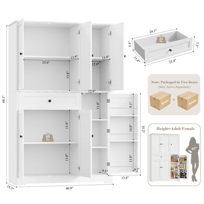HOSTACK 68" Tall Kitchen Pantry Storage Cabinet, Modern Kitchen Hutch Cabinet with Doors and Shelves, Freestanding Food Pantry with Large Storage Drawer for Dining Room, Living Room, White