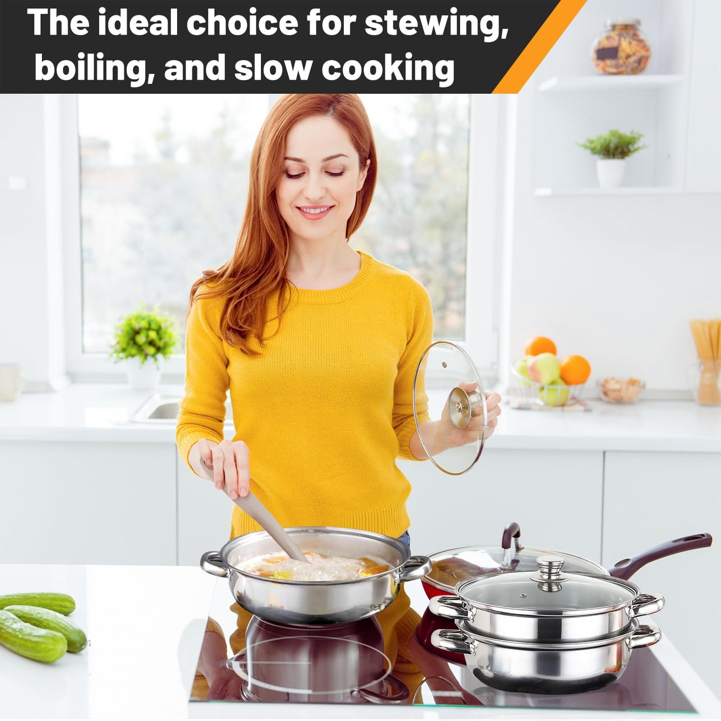 2-Tier 28cm 304 Stainless Steel Steamer Pot with Glass Lid,for Dumplings, Seafood, Veggie Stews & Homemade Soups