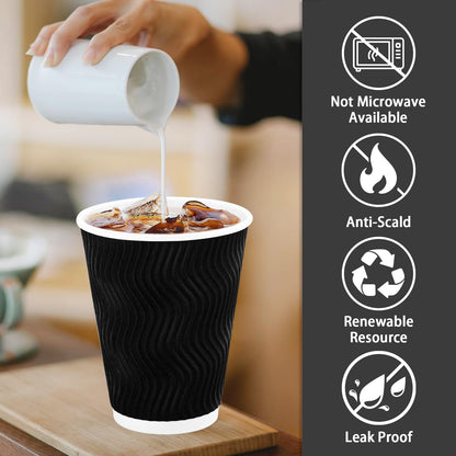 Lamosi Disposable Coffee Cups 12 oz 100 Pack, Paper Coffee Cups 12 oz for Hot Drinks or Cold Beverages, Insulated Corrugated Ripple Wall Cup for Office, Cafe, Home or Travel (Black)
