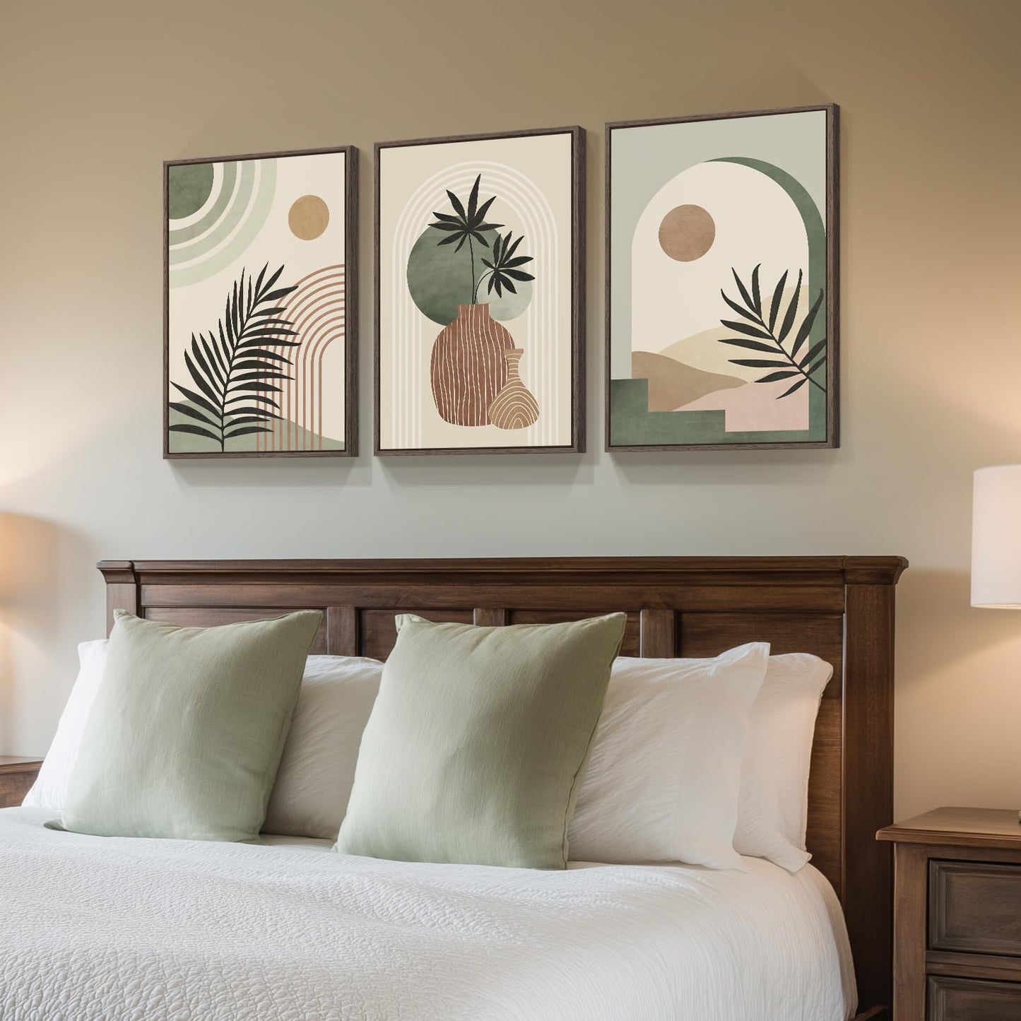 Framed Boho Sage Green Wall Art for Living Room, Large Mid Century Modern Tropical Leaf Canvas Artwork for Walls, 3 Piece Beige Orange Bohemian Wall Art Prints for Bedroom Kitchen Hallway, 16x24 Inch