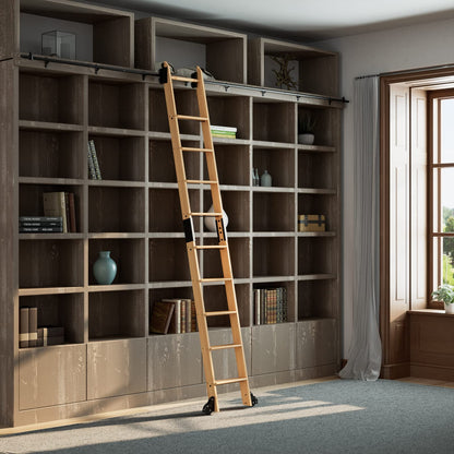 KINMADE 10 ft Rolling Library Ladder Kit with Ladder Included, Solid Red Oak Wood, Telescopic Upper Roller, Stable Style&Functional Design