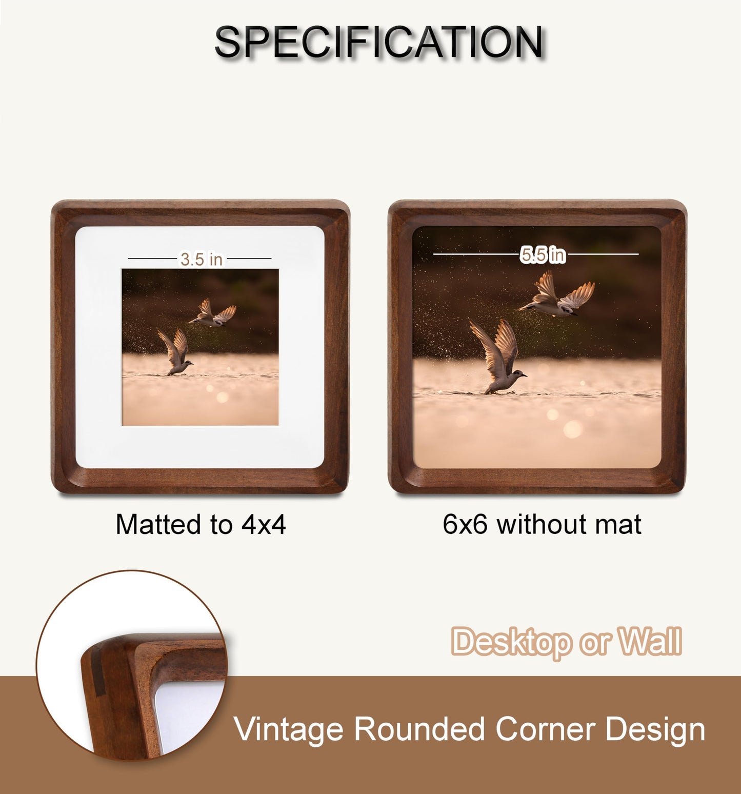 ScandiNest Square 6x6 Picture Frame, USA-Sourced Natural Walnut Wood with Real Glass, Handcrafted Rounded Corners, Matted to 4x4 Photo, Gallery Wall and Tabletop Display