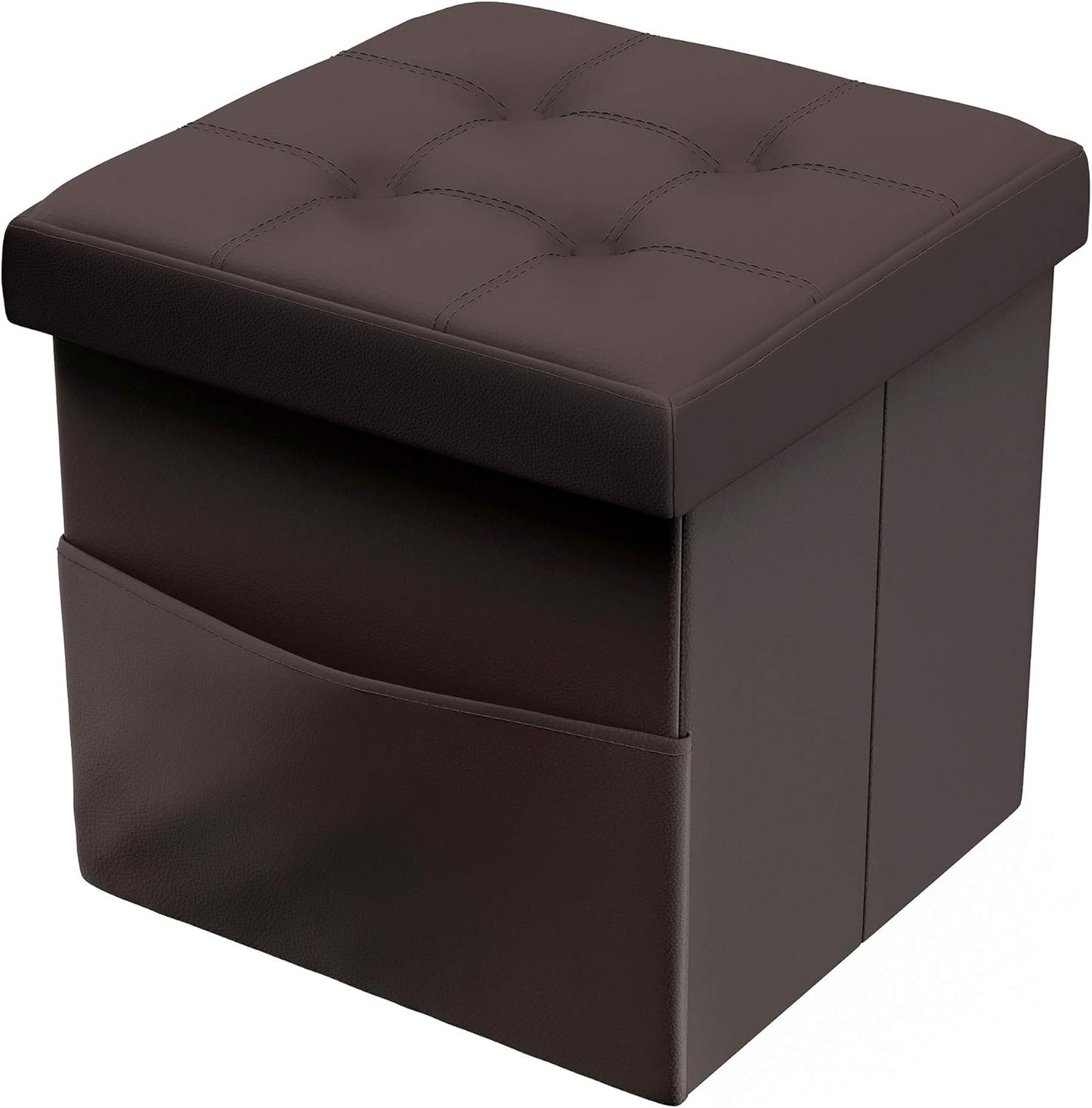 Lavish Home Foldable Storage Cube Ottoman with Pocket Tufted Faux Leather Footrest Organizer for Bedroom, Living Room