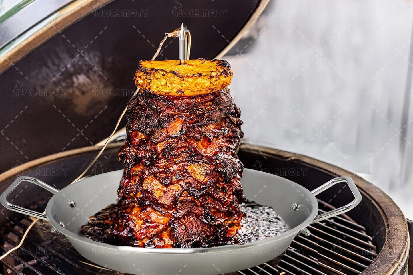 DOLAMOTY BBQ Vertical Skewer Pan Gyro Spit Shawarma Stand for oven, Al Pastor Skewer for Grill, El Pastor Hack for Tacos Al Pastor Chicken, Brazilian, Stainless Steel, with 8",10" stick