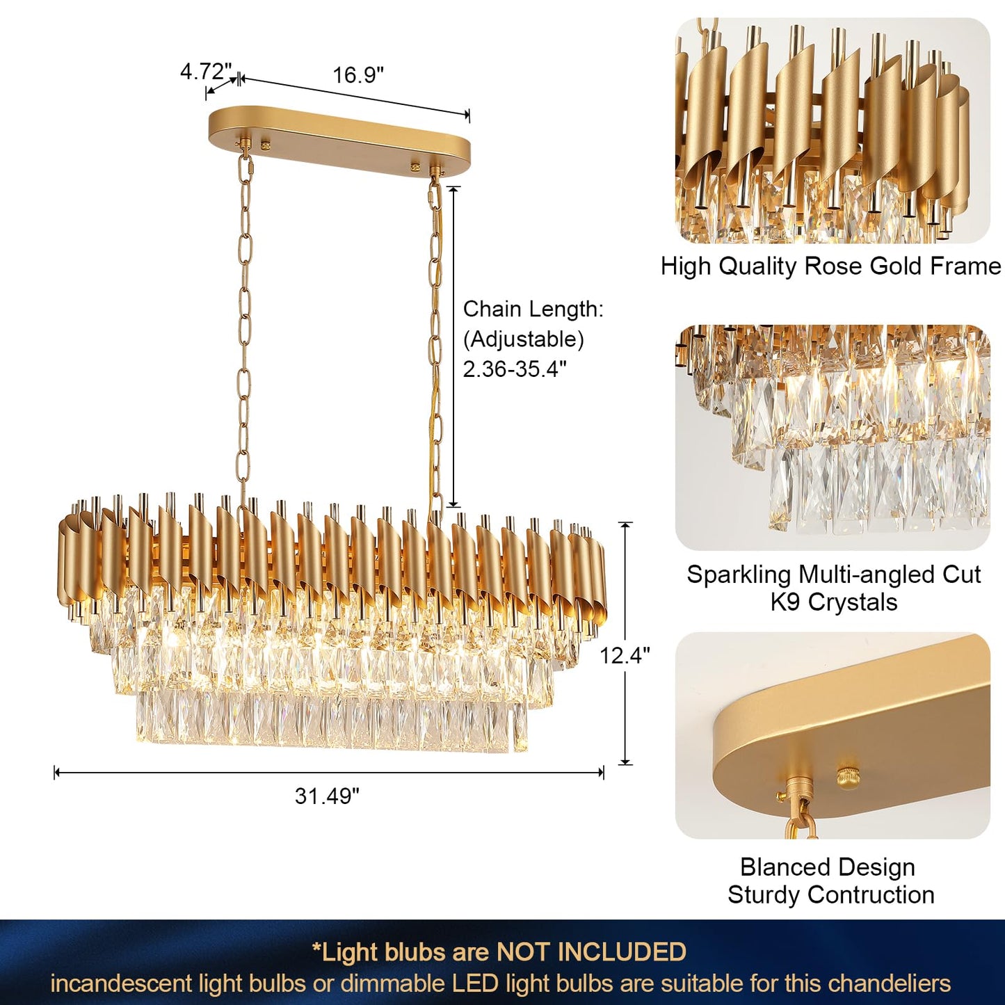 A AXILIXI Modern Rectangular Chandelier Gold Crystal Chandeliers for Dining Room 8-Light Linear Ceiling Pendant Light Long 32” Luxury Oval Chandelier for Kitchen Island Living Room