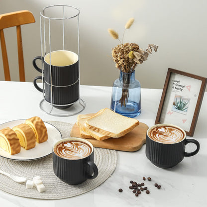 HASENSE Coffee Mug Ceramic Set of 4 with Stand, Stackable Large Latte Cups with Metal Stand, Dishwasher & Microwave Safe, Black for Cappuccino Tea Hot Cocoa
