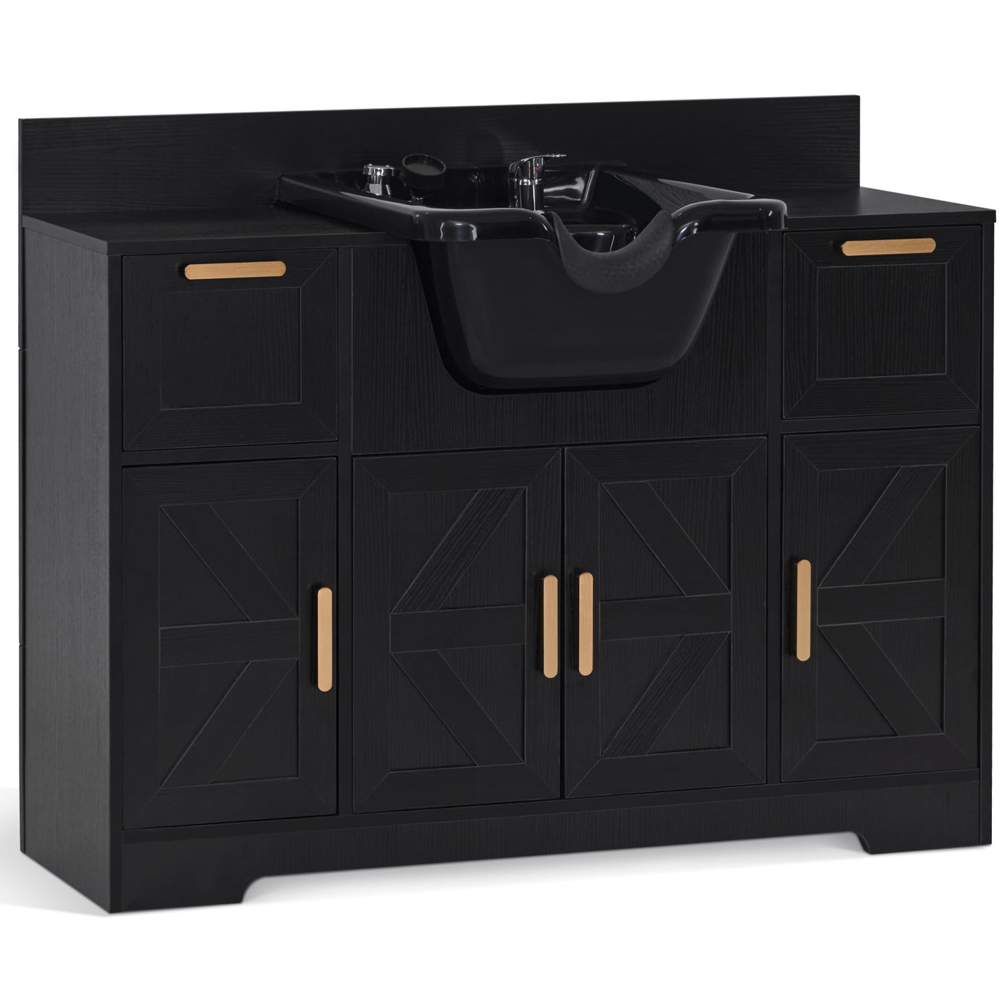 BarberPub Portable Shampoo Station, Shampoo Bowl with Cabinet & Drawer, Salon Geometric Finish Station with Sprayer Faucet, Barber Storage Equipment with Hair Wash Backwash Sink 3439 (Black)