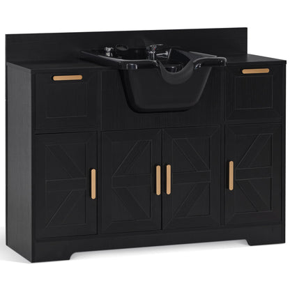 BarberPub Portable Shampoo Station, Shampoo Bowl with Cabinet & Drawer, Salon Geometric Finish Station with Sprayer Faucet, Barber Storage Equipment with Hair Wash Backwash Sink 3439 (Black)