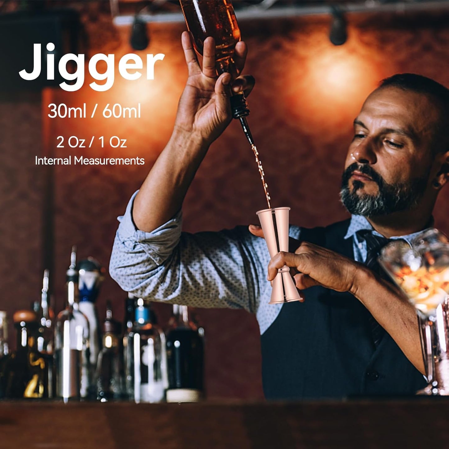 Jigger 2 oz 1 oz Rose Gold Stainless Steel Double Cocktail Shot Measure for Bartending