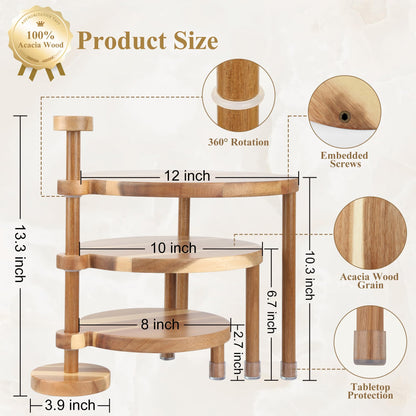 GEHE 3 Tier Round Cupcake Stand, 360° Rotatable Acacia Wood Cake Stand Cupcake Tower, Rustic Wooden Tiered Dessert Table Display Set, Tiered Tray Stands for Birthday, Wedding Party (12-10-8 IN)
