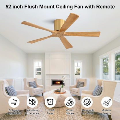 ELEHINSER 52 inch Low Profile Ceiling Fan without Light, 5 Solid Wood Blades, 6-Speeds, Quiet DC Motor, Timer, Flush Mount Modern Ceiling Fan with Remote for Living Room Bedroom, Gold + Beechwood