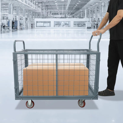 2200lbs Platform Truck Cart with Cage, 5-in-1 Heavy Duty Hand Truck Flatbed Cart with Swivel Casters, Multi-Purpose Push Dolly for Grocery,Laundry,Warehouse,Garage