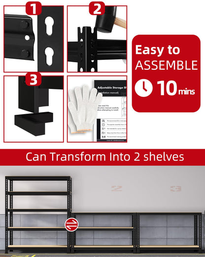 PrimeZone Heavy Duty Garage Storage Shelves - 48" W X 24" D X 72" H Adjustable Metal Shelving Unit, 5 Tier Industrial Shelves for Storage Standing Utility Rack for Warehouse, Basement, Black, 2 Pack