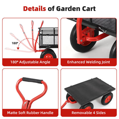 1400 lbs Steel Garden Cart, Heavy Duty Metal Yard Utility Wagon with Removable Mesh Sides, 2-in-1 180° Rotating Handle and 16 inch Wheels, Steel Utility Wagon Perfect for Garden, Farm, Yard