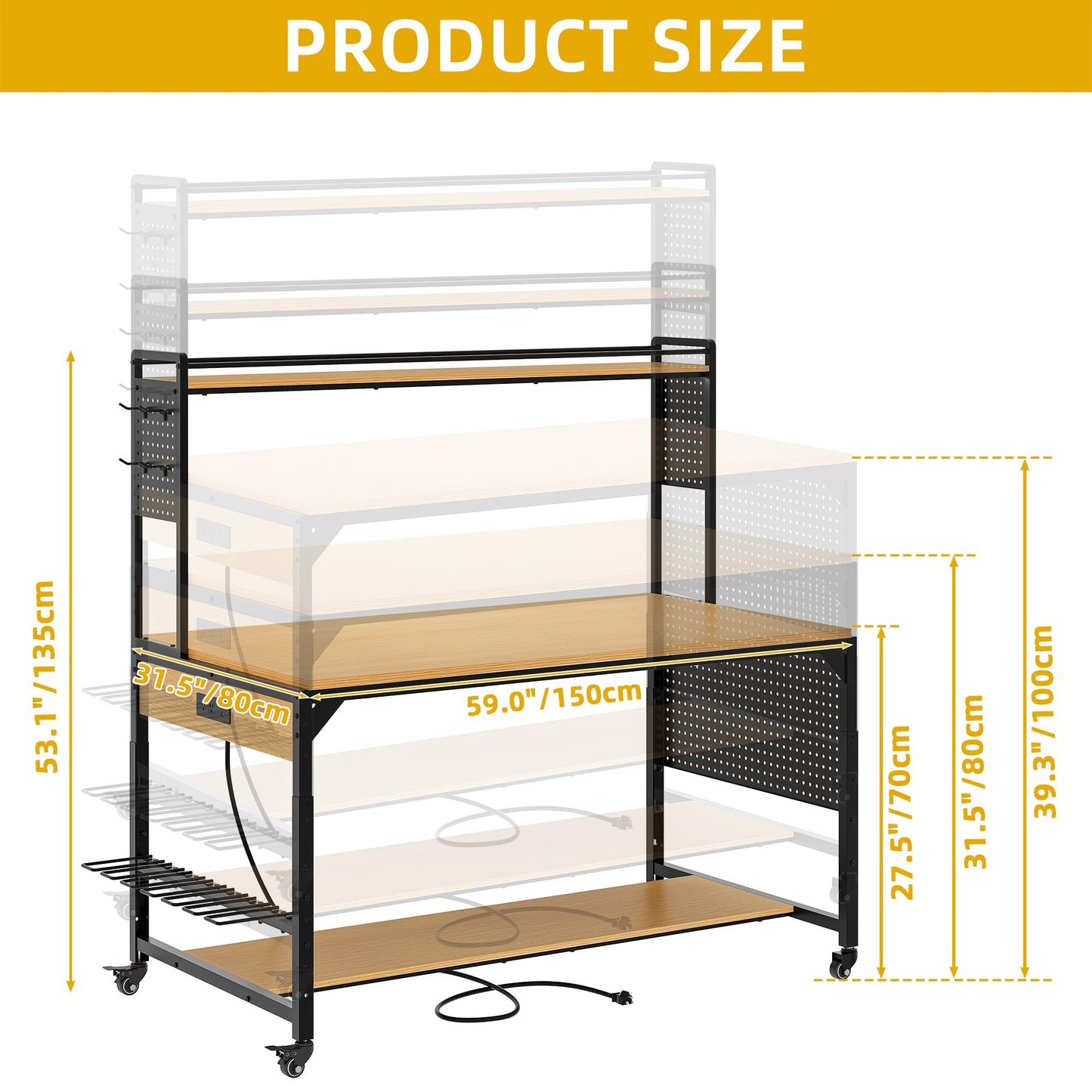 DWVO 59in Large Adjustable Height Workbench with Pegboard, 1100lb Heavy Duty Work Bench on Wheels, 59"x31" Work Table with AC/USB Outlet, Storage Shelf, LED Light, Hooks, for Garage, Workshop, Home