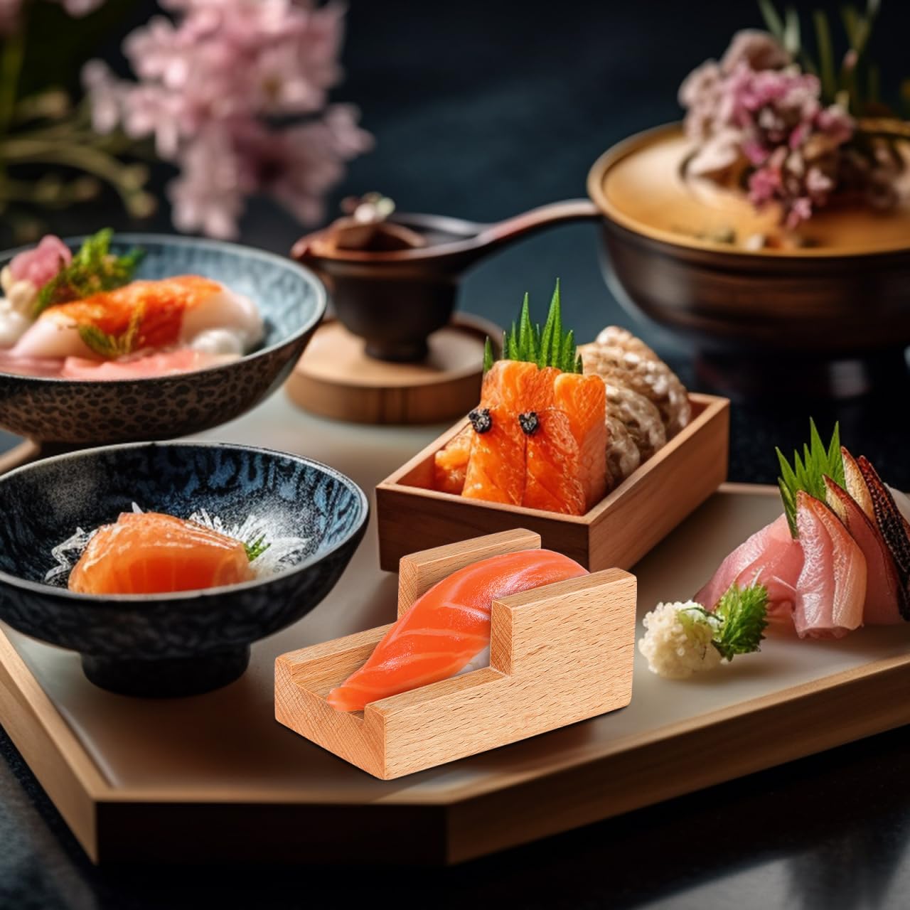 Small Wooden Sushi Hand Roll Holder, U-Shaped Mini Taco Stand for Countertop, Traditional Japanese Temaki Display Rack, Compact Wood Serving Plate for Home Restaurant Party